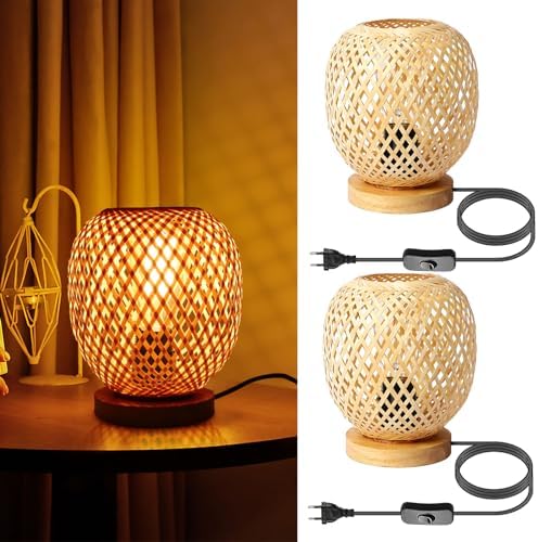 Tischlampe aus Bambus E27 Vintage Nachttischlampe mit Stecker und Schalter Tischleuchte Handgefertigte Gewebte Laternenschirm Tischbeleuchtung mit 1.8M Kabel für Schlafzimmer…