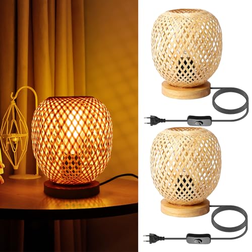 2 piezas Lámpara De Mesa Bambú Ratán Natural Vintage lámpara de mesita de noche con enchufe y interruptor lámpara de lectura base De Madera E27 Decor Luces De Mesa para cabecera dormitorio escritorio