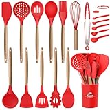 MIBOTE Silicone Cooking Utensils Kitchen Utensil Set - 446°F Heat Resistant,Turner Tongs, Spatula, Spoon, Whisk, Wooden Handle Kitchen Gadgets with Holder for Nonstick Cookware Christmas (Red)