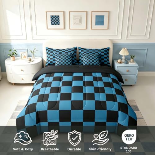 Image of Feelyou Checkered 7 Piece Bedding Set Teen Blue Black Plaid Comforter Set with Sheets King Size Kids Boys Cute Retro Neutral Checkerboard Geometric Bed in a Bag Vintage Aesthetic Room Decor