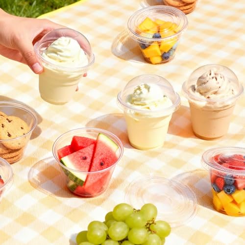 Image of Lamosi 200 Pack 9 oz Plastic Cups with Lids, Disposable Clear Cups with Lid | Small Cups with Dome Lid No Hole for Dessert, Ice Cream, Snack, Fruit, Cake, Pudding and To-go Drink, BPA Free, Freezer Safe