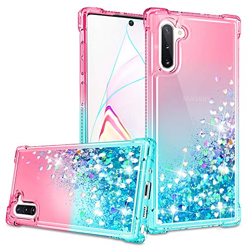 Gritup Galaxy Note 10 Plus Case, Galaxy Note 10+ 5G Case with HD Screen Protector for Girls Women, Cute Clear Gradient Glitter Liquid TPU Slim Phone Case for Samsung Galaxy Note 10 Plus Pink/Teal