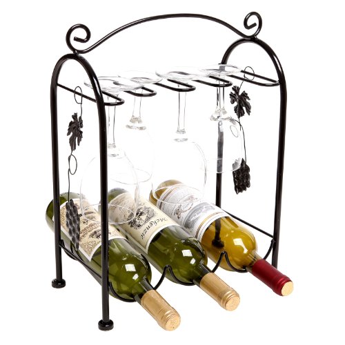 Grape Arbor Style Tabletop 3 Wine Bottles / 5 Wine Glasses Metal Wine Organizer Storage Rack w/Top Handle - Black