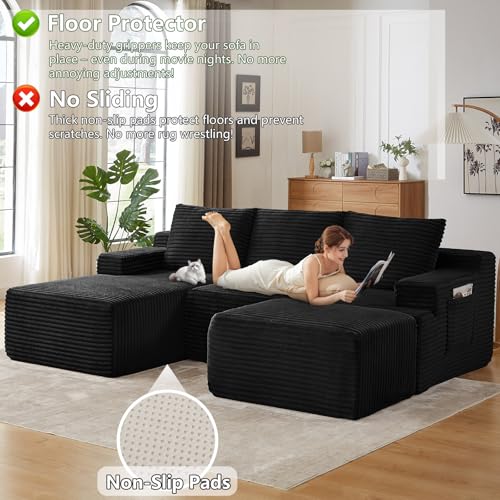Image of 96.1 inch Modular Sectional Sofa with Ottoman, Modern Corduroy Cloud Couch, Boneless Couch Upholstered 3-Seater U-Shaped Sofa for Living Room, No Assembly (Black, Left-Facing Chaise)