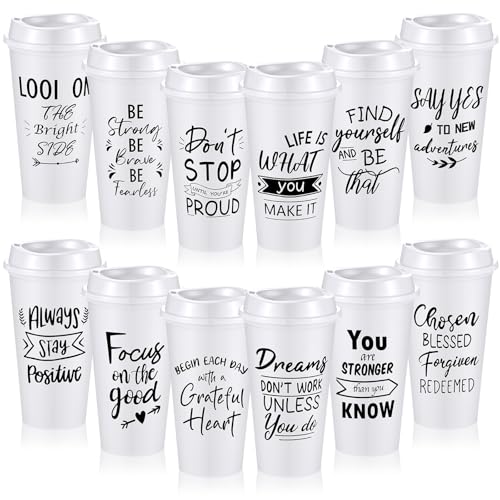 FillTouch 12 Pcs 16 oz Reusable Plastic Coffee Cups with Lids and Positive Sayings, Bulk Inspirational Gifts for Women Men Employee Coworker Staff Team Volunteer, Hot or Cold Drinks (White)