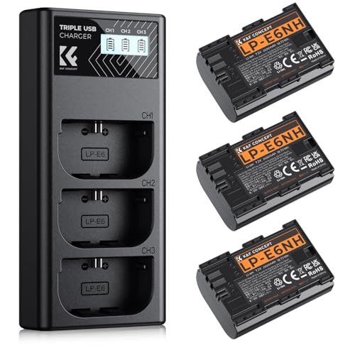 K&F CONCEPT 2600mAh LP-E6NH Battery and 3-Slot Battery Charger Compatible with Canon EOS R7, R6, R5, R, 6D Mark II, 5D Mark IV, 5D Mark III, 5DS, 5DS R, 5D Mark II, 80D, 90D, 6D, 7D, 7D Mark II