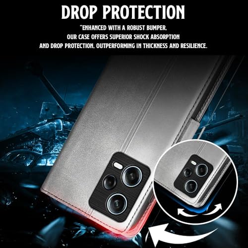 Image of WOW IMAGINE Shock Proof Flip Cover Back Case for Redmi Note 12 Pro 5G (Magnetic Button Flip Case | Wallet Pockets & Stand | Leather Finish | Stone Grey)