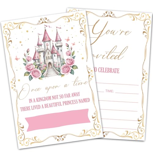 Uniizone Princess Birthday Invitations, Fairytale Castle Themed Invitation for Girls Party Supplies, Once Upon A Time, 30PACK Floral Fill-in Invites with Envelopes (Pink)