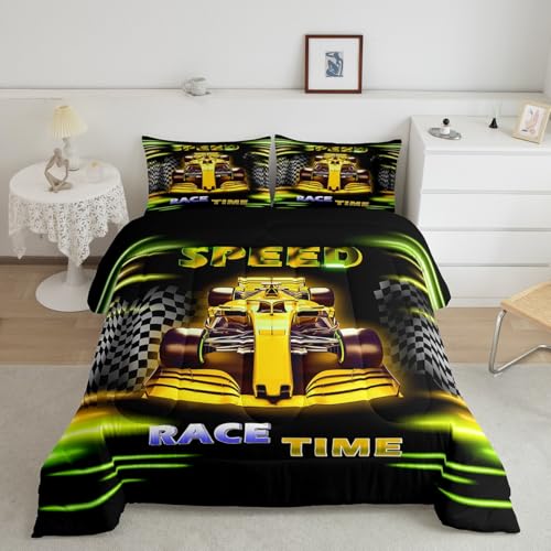 Image of Feelyou Kids Race Car Bedding Set King Size, Yellow Ombre Comforter Set Boys Girls Racing Speedy Car Duvet Insert Teens Bedroom Decor Bed Set 3Pcs