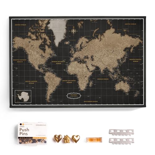 Canvas World Map with Cork Pin Board - English Lettering
