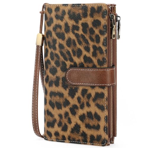 Image of GOIACII Large Wallet for Women Leather Wristlet Leopard Print | RFID Blocking, Multi-card Slots, Detachable Wrist Strap, Trifold Clutch Purse