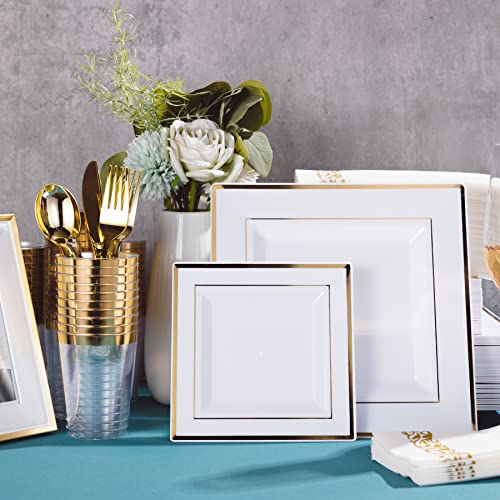 N9R 50 Guest Gold Dinnerware Set-100 White Square Plastic Plates With Gold Rim, 50 Gold Plastic Forks, 50 Spoons, 50 Knives, 50 Cups, 50 Napkins-Disposable Dinnerware Set For Wedding #TOP6