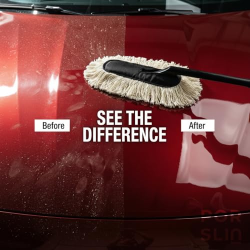 Image of Porslin Premium Car Duster Wax Treated Cotton Brush for Car Cleaning, Scratch-Free Dust Remover with Foldable Long Handle, Washable & Reusable, Multi-Purpose for Car, Bike & Home Use