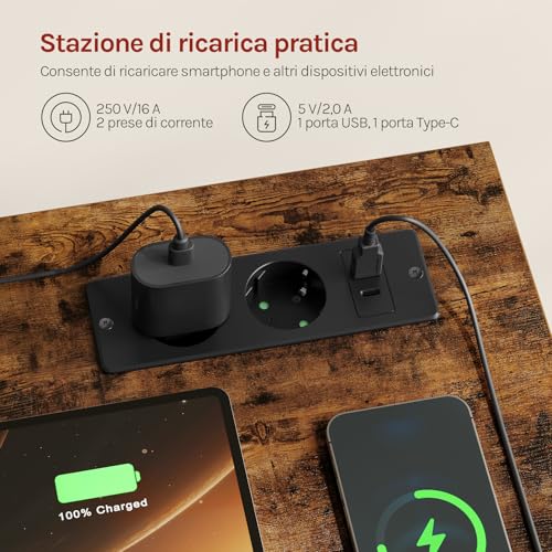 WOLTU Scrivania con 2 Cassetti, Ripiani, Scrivania Ufficio con Prese, Porta USB e Porta Type-C, Portabicchieri e Gancio, per Studio, Soggiorno, Camera da Letto, 120x51x75 cm, Marrone Rustico - Immagine 5