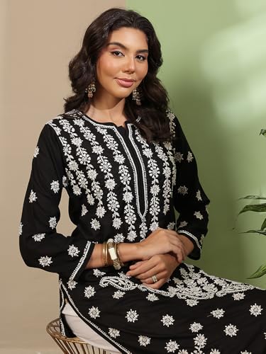 Image of Ada Women's Cotton Regular Fit Tunic Hand Embroidered Lucknowi Chikankari Ethnic Wear Kurta Kurti A130717