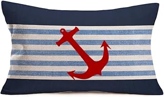 Nautical Anchor Throw Pillow Covers 12x20 Inch Navy Blue Stripes with Re...