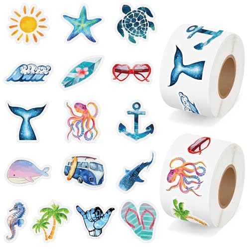 Haooryx Summer Beach Sticker Rolls, 1000 Pcs Watercolor Sea Animals