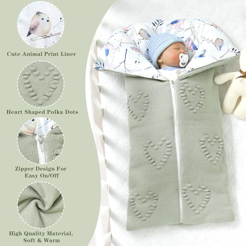 Image of Baby Winter Thick Swaddle Blankets Newborn Heart Dots Receiving Blanket Infant Soft Knit Warm Stroller Wraps for Baby Boys Girls (Green)