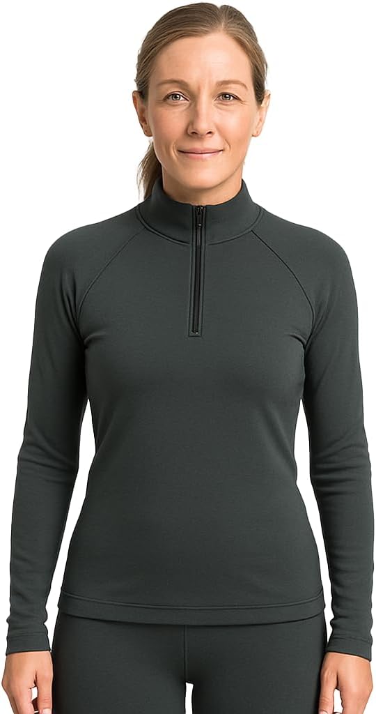 Lands' End Women’s Thermaskin Baselayer 1/4 Zip Top – Long Sleeve Lightweight Heat-Generating Thermal Shirt