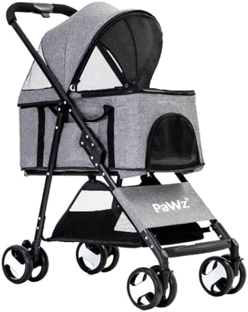 PaWz 4 Wheel Pet Stroller,Foldable Cat & Dog Pram,Detachable Trolley,Grey