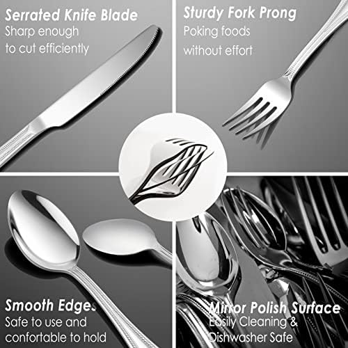 24 Piece Cutlery Set, Homikit Stainless Steel Flatware Silverware Sets Service for 6 People, Pearled Edge Knife Fork Spoon Set for Home/Kitchen/Party/Gift, Mirror Finished & Dishwasher Safe