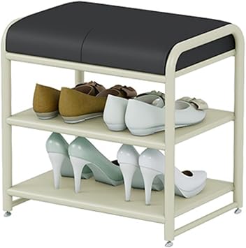 Shoe Rack Bench,Storage Benches, End of Bed Bench, Ottoman Storage Organizer, PU Leather Upholstered Shoe Shelf, Sofa Bench for Entryway, Bedroom, Living Room, HallwayBlack Beige Frame,50cm