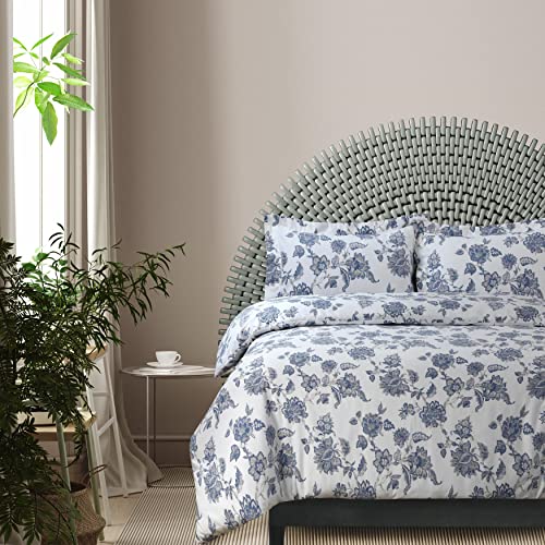 Tribeca Living King Cotton Flannel Duvet Cover Set - Oversized, Ayana Floral, 170 GSM, 3-Piece Luxury Bedding, Blue