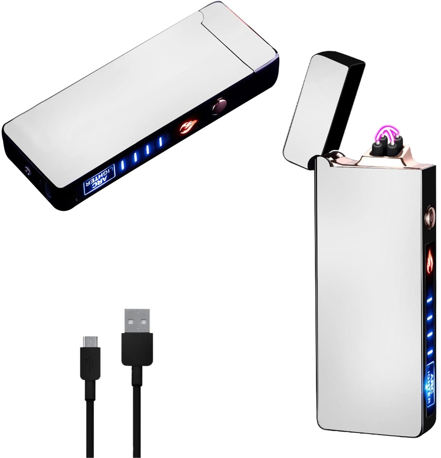 Electric Lighter - Dual Arc, Rechargeable USB, Flameless, Plasma Lighter with Rhythmic Flashing Battery Indicator (Silver)