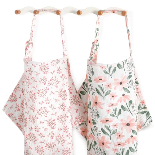 Image of Yoofoss 2 Pack Muslin Nursing Cover for Breastfeeding, Breathable 100% Cotton Breastfeeding Cover with Arch Neckline, Multi-use Nursing Apron Soft Privacy Nursing Covers for Women - Flowers