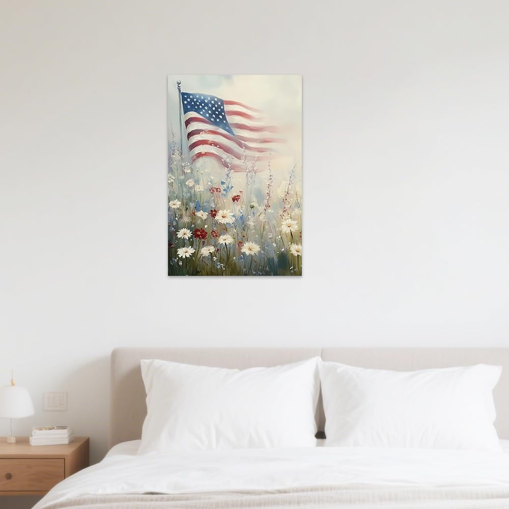 SWQYLB Patriotic Pictures Wall Decor American Flag Landscape Wall Art Floral Print Artwork Wildflower Painting Canvas Farmhouse Bedroom Home Decor Framed (16" x 24")