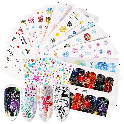 Christmas Nail Art Stickers 30 Sheets Art Nail Water Transfer Stickers and 2 Sheets Self-Adhesive Rhinestone Stickers, Self Adhesive Nail Stickers Decals Set Nail Decoration for Women Girls Cover