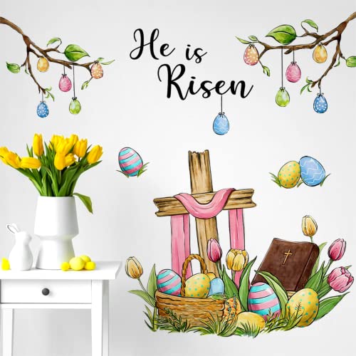 Yovkky Easter Wall Decals Stickers, He is Risen Quote Christian Cross Bible