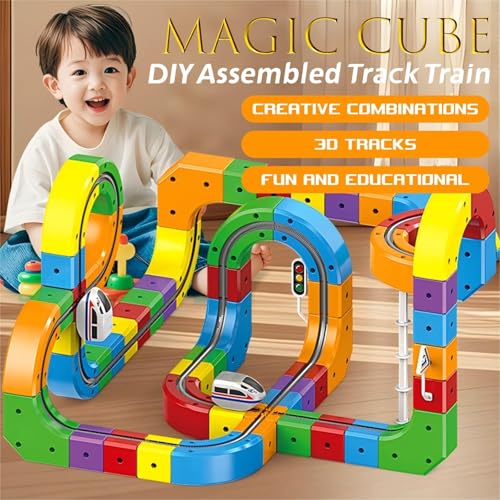 Vibbang 81 Stück Clickrail Electric Train Set Flexible Rennstrecke, Cubix 3D Zug, Cube Track Block Zug mit Schwerkraftdefying 3D-Layouts, Magnetblöcke & Motorisierter Zug, Geschenk für Kinder