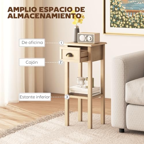 HOMCOM Mesa Auxiliar Rústica, Mesa Auxiliar para Sofá, con Cajón y Estante, Mesita de Noche para Salón, Dormitorio, 30x30x75 cm, Madera Natural - imagen 5