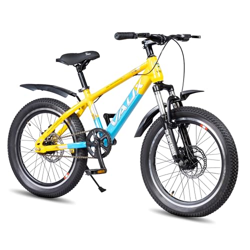 Image of Vaux Stryker 20T Kids Cycle for Boys & Girls with Dual Disc Brake,MTB Bicycle for Kids 5-8 Years with 12 inch Steel Frame, Front Suspension, 20 * 2.40 Wide Tyres(Yellow-Blue)