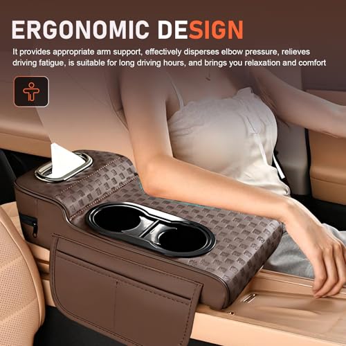 Qurbuns Car Center Console Cover, Microfiber Leather Car Armrest Cover Cushion with 2 Storage Bags, Cup Holders, Tissue Box Slot, Universal Car Armrest Storage Box for Most Vehicles (Coffee)