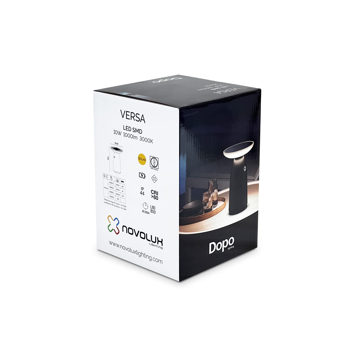 Lámpara de mesa solar con puerto usb VERSA negro Touch dimming LED SMD 10W 3000K exterior IP54. Lámpara portátil solar ideal para terrazas