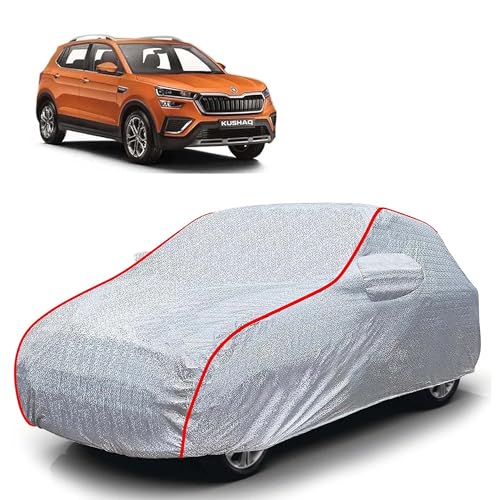 Image of Sulfar 100% Waterproof Car Body Cover Compatible with Mirror for Skoda Kushaq (Triple Stitched, Full Bottom Elastic, Magic Silver with Red Piping)
