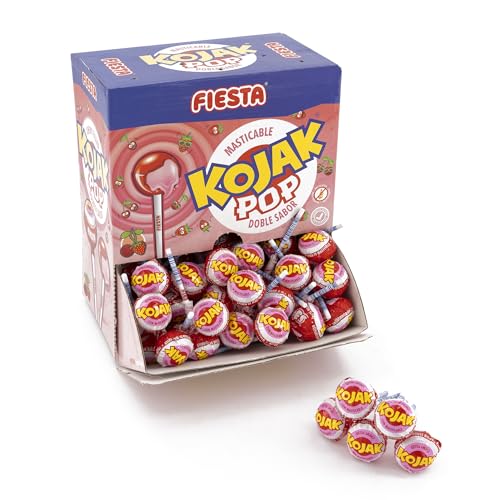 FIESTA Kojak Lolipop Caramelo con Palo Sabor Cereza Relleno de Masticable de Fresa - Caja de 100 unidades