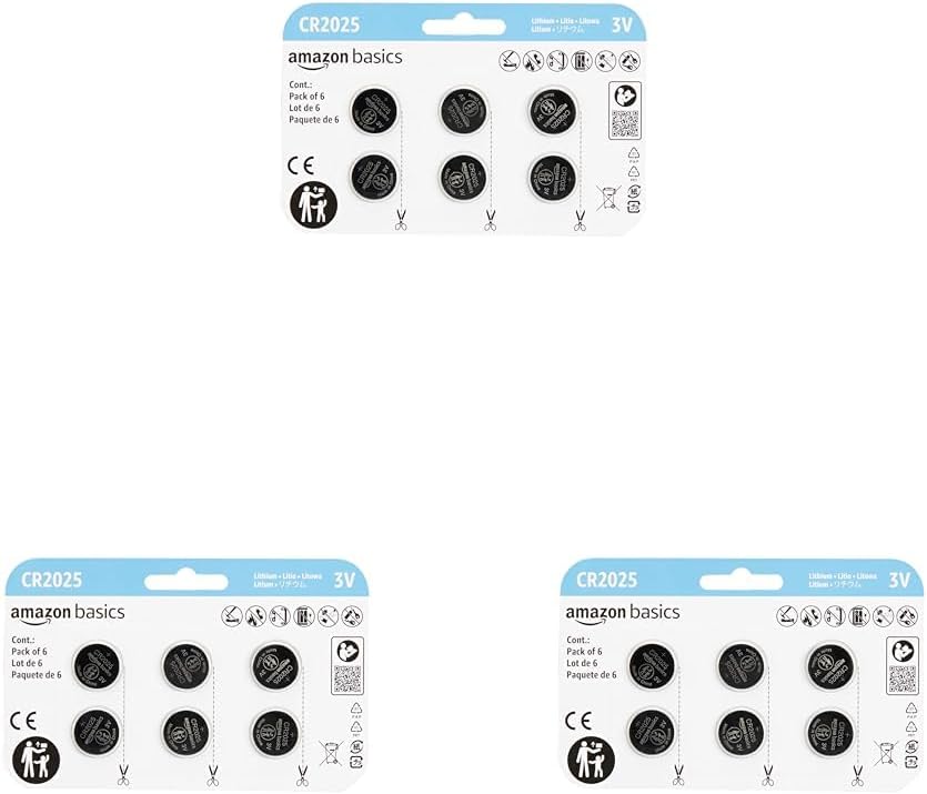 Amazon Basics 18-Pack CR2025 3V Lithium Coin Cell Batteries, Long Lasting Power, Mercury-Free, Child Safety Packaging