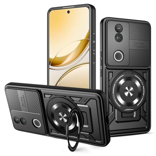 iTape Funda rígida de policarbonato para Vivo V50 con anillo de metal giratorio de 360°, soporte magnético fuerte para coche, compatible con carga inalámbrica, color negro