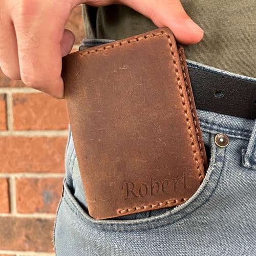 Personalized Engraved Minimalist Genuine Leather Wallet for Men and Women, Custom Card Holder Wallets with 4 Card Slots with Keychain and Giftbox, Gifts for Birthdays, Christmas (Brown)4