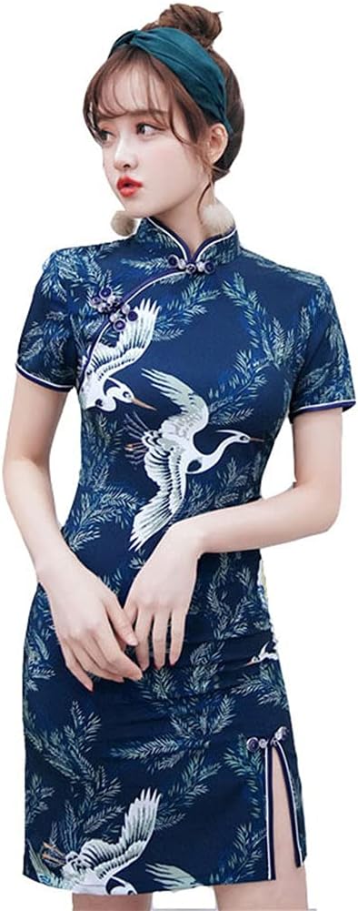 StarDYWomen's White Bodycon Cheongsam Cheongsam Dress Shawl Sleeve Wenhua Collar Side Slit Mini Dress