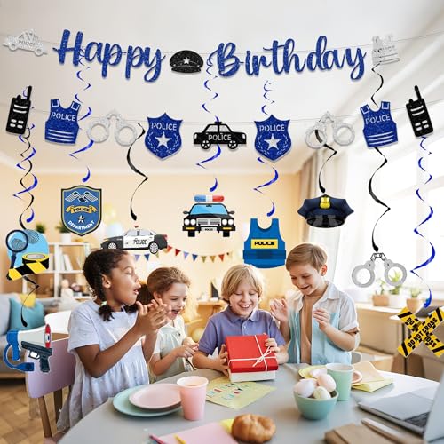 Polizei Geburtstag Deko Girlande Junge - Polizist Geburtstagsdeko mit Happy Birthday Banner und Hängende Wirbel, Polizeiauto Garland für Kindergeburtstag Police Mottoparty Dekoration