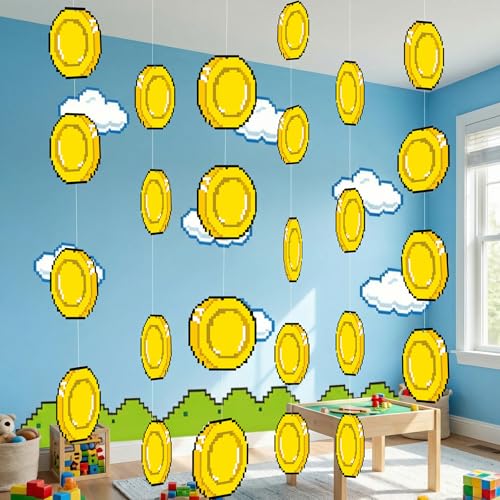 48 Pcs Super Theme Brother Party Decorations Cartoon Video Game Hanging Banner Decorations Gold Video Game Ornaments for Brother Theme Birthday Baby Shower Room Home Super Party Supplies (Coin)