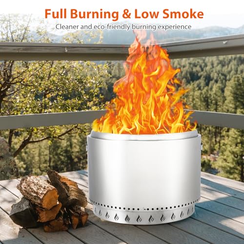 27" Smokeless Fire Pit with Air Switch, Wood Burning Portable Stainless Steel Outdoor Firepit with Fixed Stand & Stove Hook, Ash Pan, for Camping Backyard Patio Picnic, H: 20 in, 33 lbs