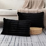 ZLINA Set of 2 Faux Fur Plush Black Throw Pillow Covers Fuzzy Striped Pillowcase Cushion Covers 12 x