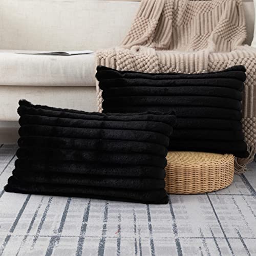 Zlina Set Of 2 Faux Fur Plush Black Throw Pillow Covers Fuzzy Striped Pillowcase Cushion Covers 12 X 20 Inch Decor Sofa Couch Bedroom #TOP4