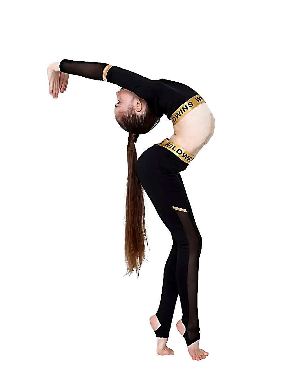 Sport-Langarm-Top für Mädchen Gran Prix, Mesh-Einsatz an den Ärmeln, Goldener Bund, Gymnastik, Tanz und Akrobatik