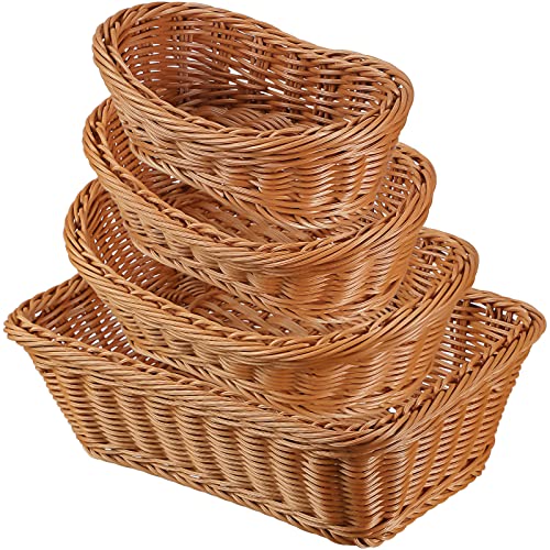 Mimorou 4 Pcs Wicker Bread Basket For Serving Imitation Woven Fruit Harvest Snack Brown Storage Container Vegetable Food Baskets Kitchen Table, Oval And Rectangle #TOP23